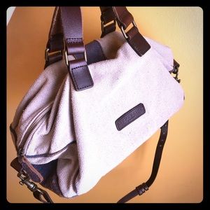 Liebeskind designer tan canvas and leather bag.